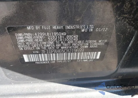 2012 Subaru Impreza 2.0I Limited from USA, damaged, VIN JF1GPAH65CH219699